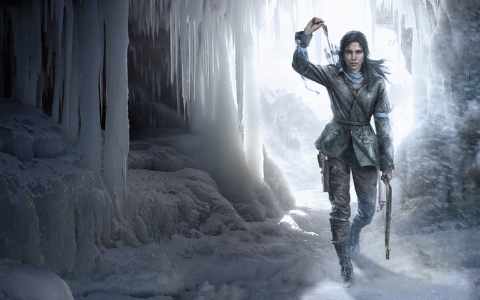 Lara Croft in a snowy cave with icicles
