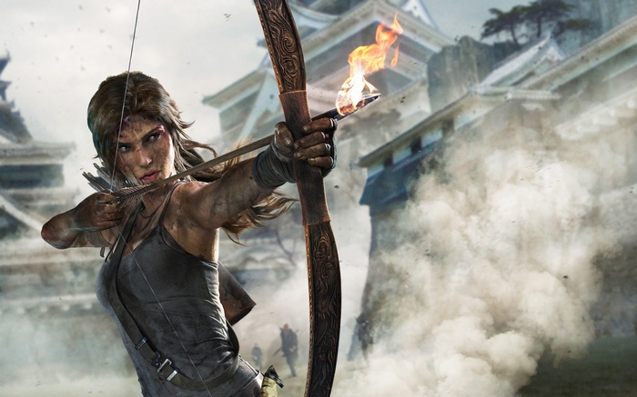 Lara Croft aims a flaming arrow in Tomb Raider