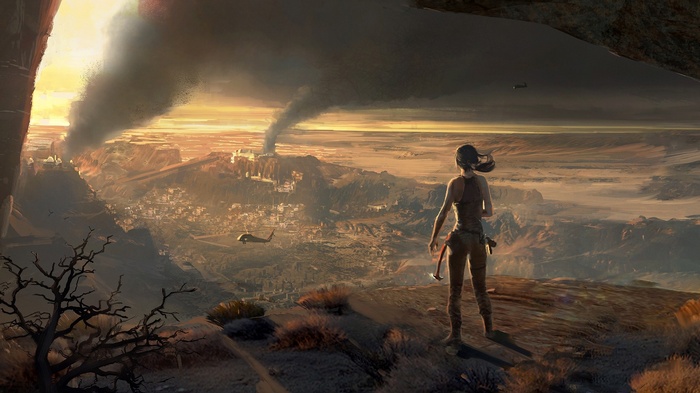 Lara Croft overlooks a burning city in concept art for Rise of the Tomb Raider