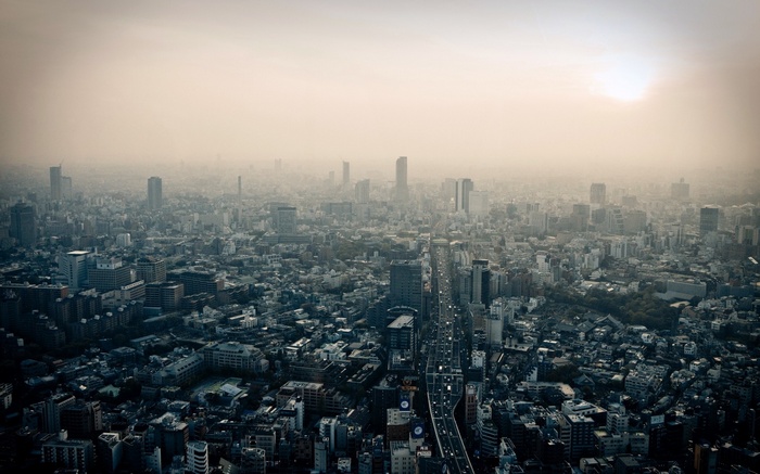 Tokyo cityscape with smog and a highway