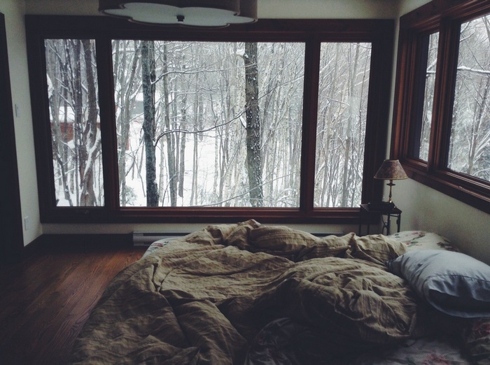 Cozy bed with a view of a snowy forest