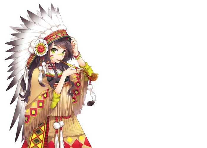 Anime girl in Native American headdress smoking a pipe