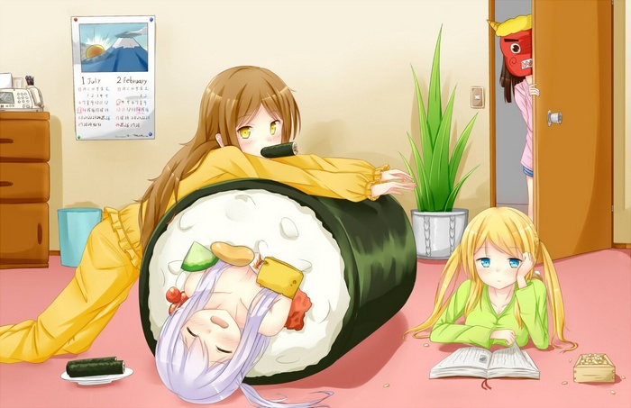 Anime girls in pajamas with a giant sushi roll