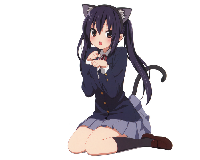 animal ears, dark hair, Nakano Azusa, K-ON!, cat girl, school uniform, anime girls, schoolgirl, long hair