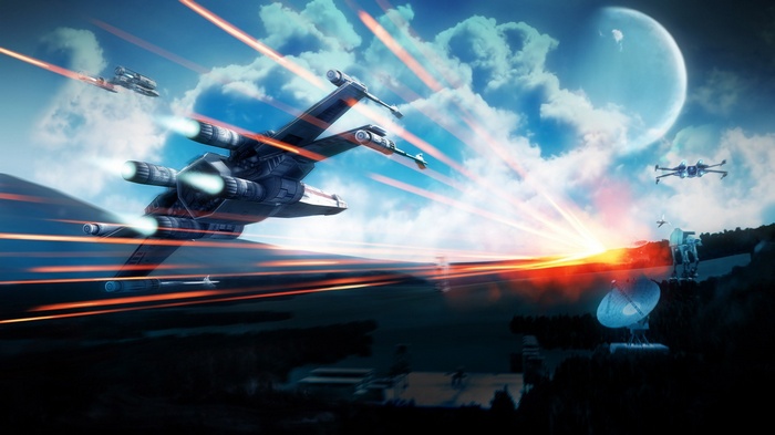 Star Wars X-wing battle with planet and moon
