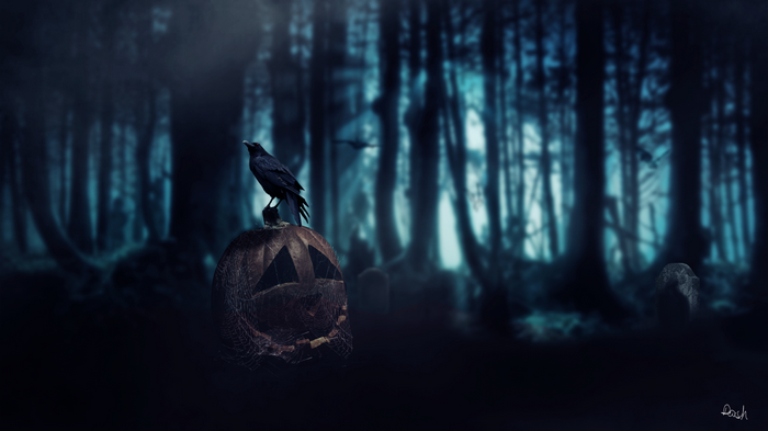 Crow on a Halloween pumpkin in a dark forest
