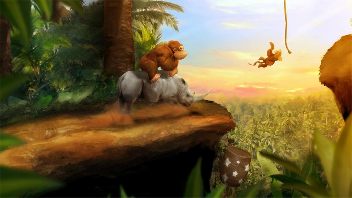 Donkey Kong and Diddy Kong on a Rhino