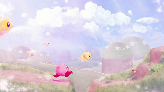 Kirby running in a pastel dreamscape with flying creatures