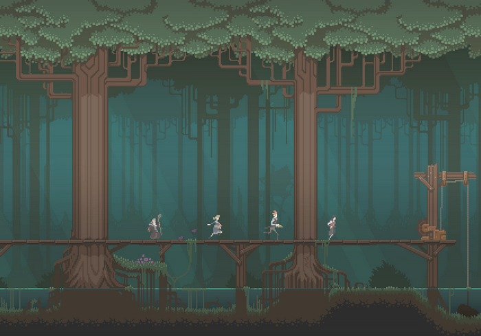 Pixel art characters on a wooden bridge in a swamp forest