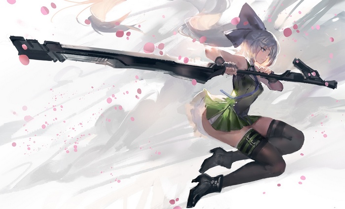 Anime girl with white hair holding a large rifle