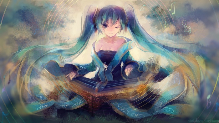 Sona from League of Legends playing a musical instrument