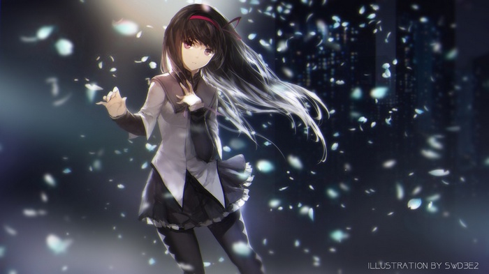 Akemi Homura from Mahou Shoujo Madoka Magica with flower petals