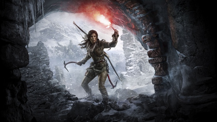 Lara Croft with a bow and flare in a snowy cave