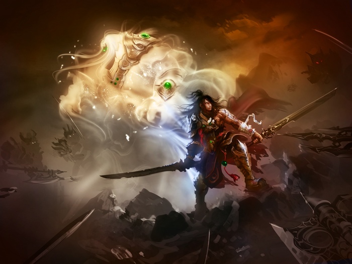 Fantasy warrior with swords and ethereal beings