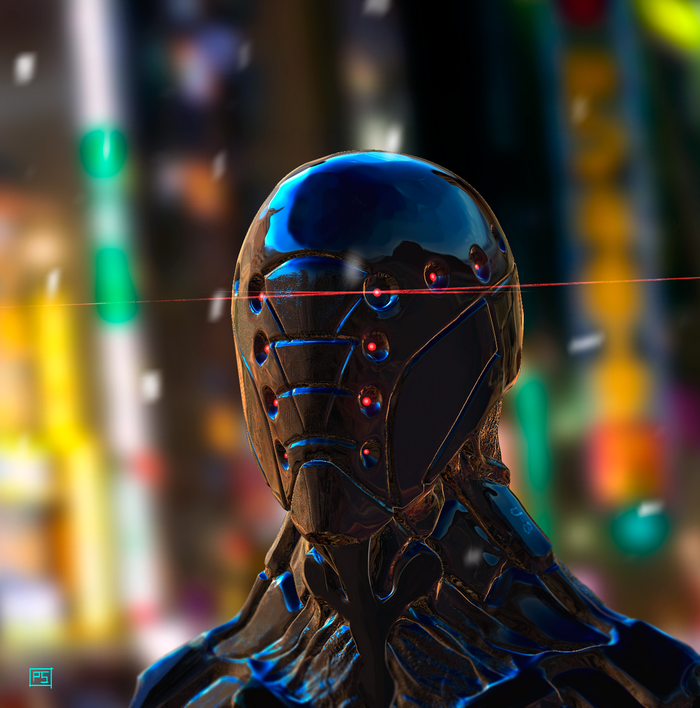 Artwork of a futuristic robot with red eyes