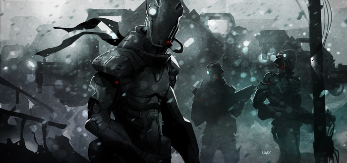 Robots in a snowy, war-torn environment