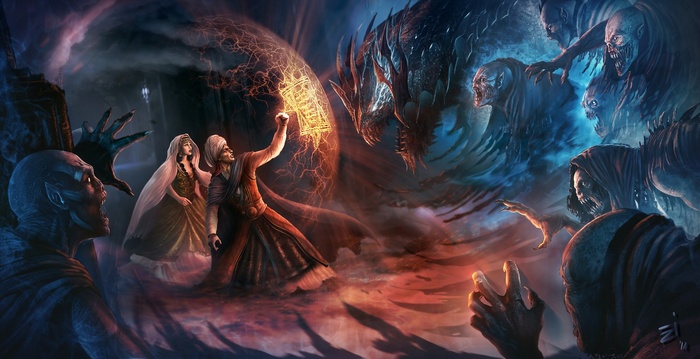 Fantasy art of a sorcerer battling demons and a dragon