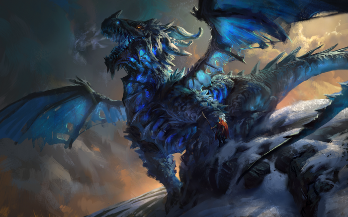 Blue ice dragon with a warrior on its back