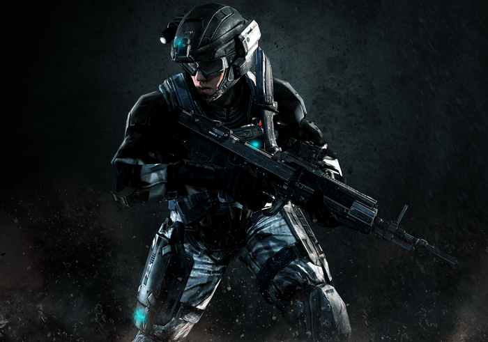Soldier with a machine gun in military armor