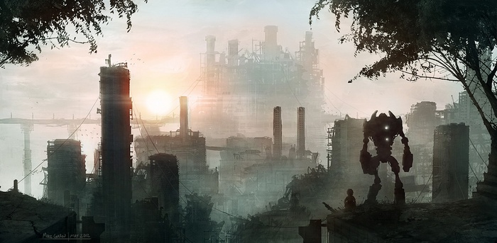 Robot and child in a post-apocalyptic city