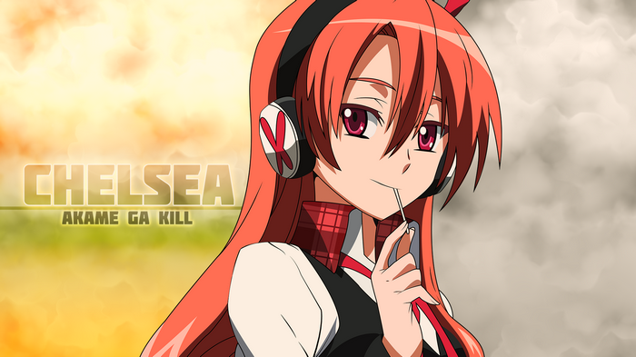 Chelsea from Akame ga Kill! with a lollipop