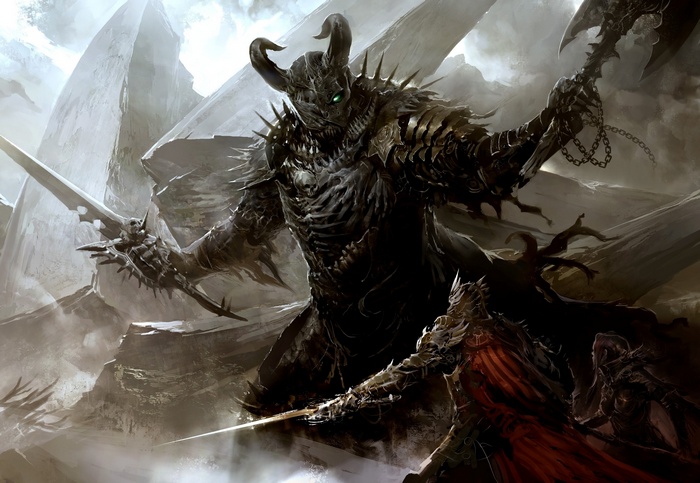 Guild Wars 2 concept art of a demon fighting a knight