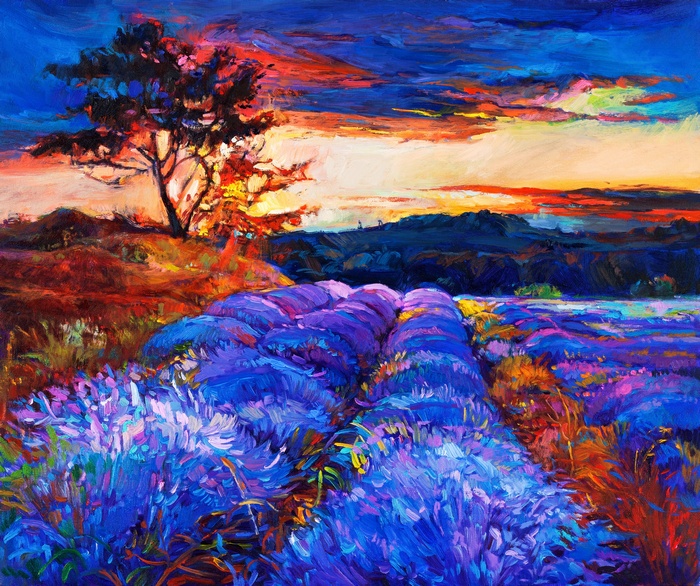 Painting of a lavender field at sunset
