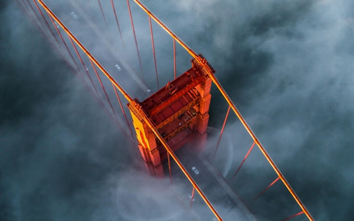 Aerial view of the Golden Gate Bridge in fog