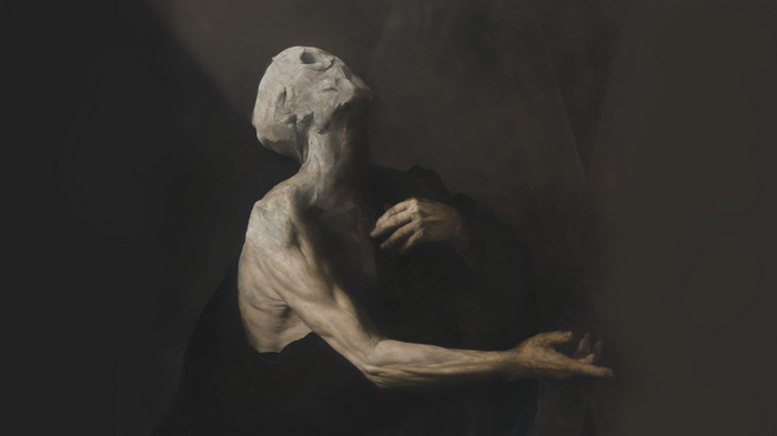 Painting of a gaunt figure with a bandaged head