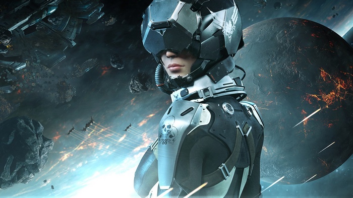 EVE Valkyrie pilot in futuristic armor with planets and ships
