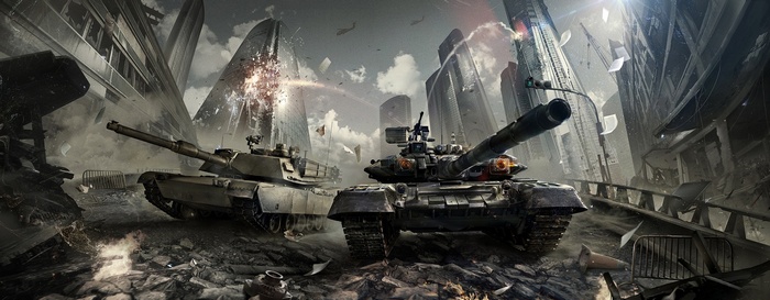 T-90 and M1 Abrams tanks in a destroyed city