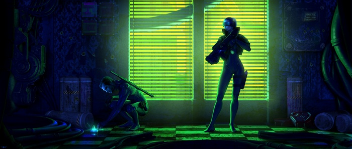 Futuristic artwork of two figures in a dimly lit room