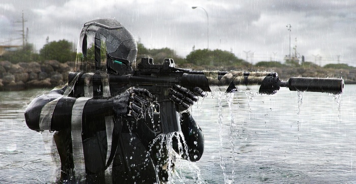 Futuristic soldier with AR-15 in the rain