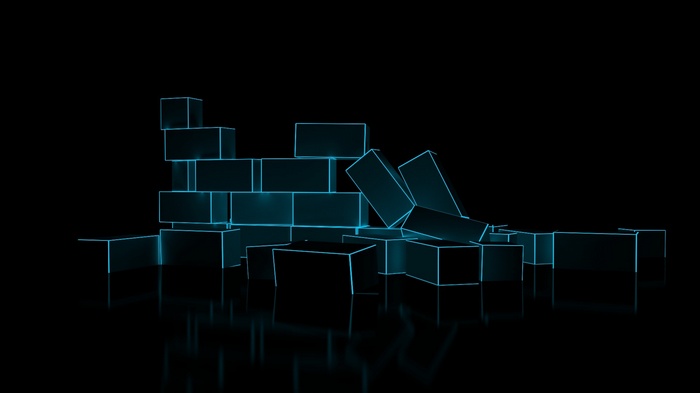 minimalism, reflection, digital art, black background, glowing, CGI, 3D, neon, bricks