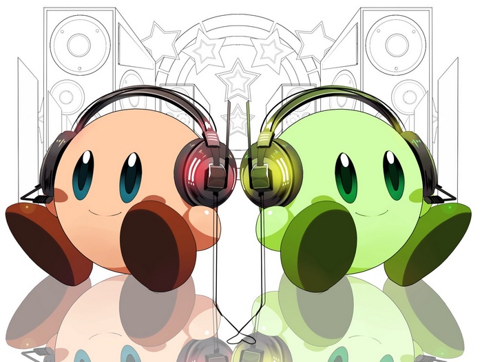 Kirby characters wearing headphones with speakers in background