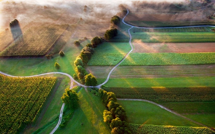 Aerial view of agricultural fields and mist in Slovenia