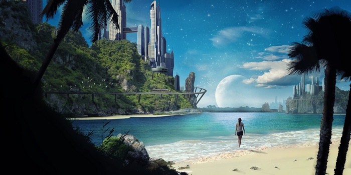 Futuristic city on a tropical island with a large moon