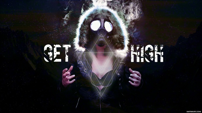 Woman in gas mask with "GET HIGH" text