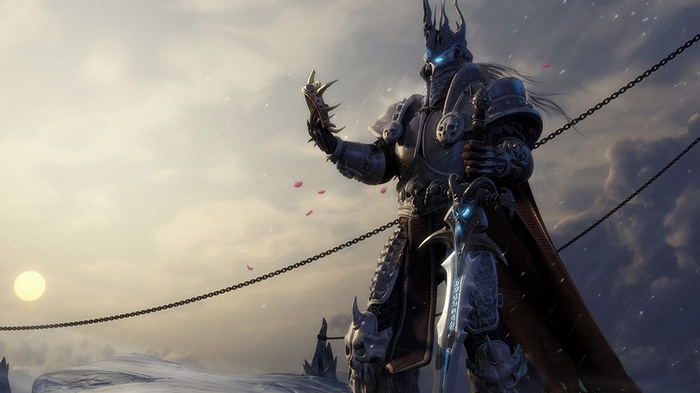 Arthas, the Lich King, stands with Frostmourne in World of Warcraft