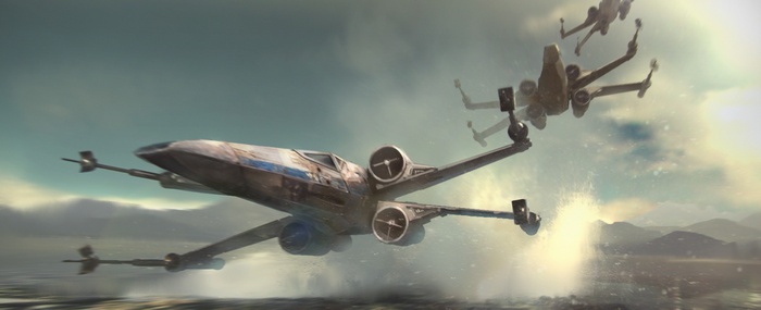 Star Wars X-wing fighters flying over water