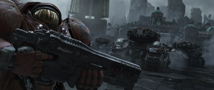 Starcraft II Marine and Tanks in a City