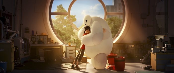 Baymax hugging Hiro Hamada in a workshop