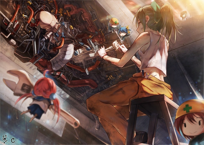 Yuubari and Naka-chan repairing machinery
