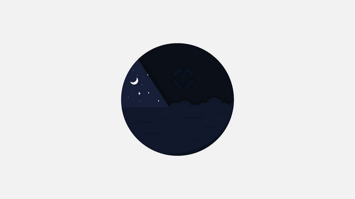 Minimalist night scene with moon, stars, and ship silhouette