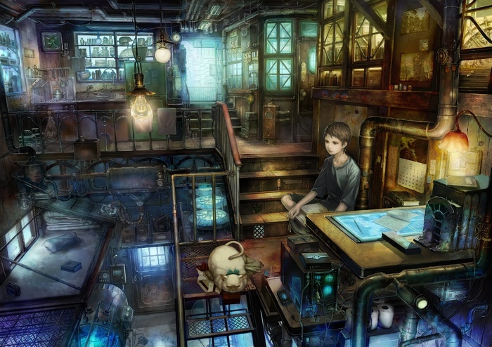 Young boy in a cluttered workshop with blueprints