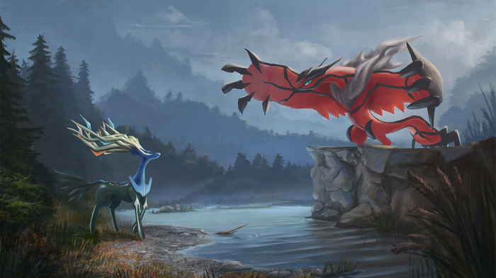 Yveltal and Xerneas face off by a lake