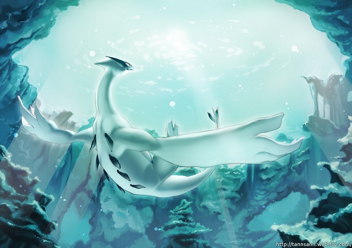Lugia swimming in a deep blue ocean