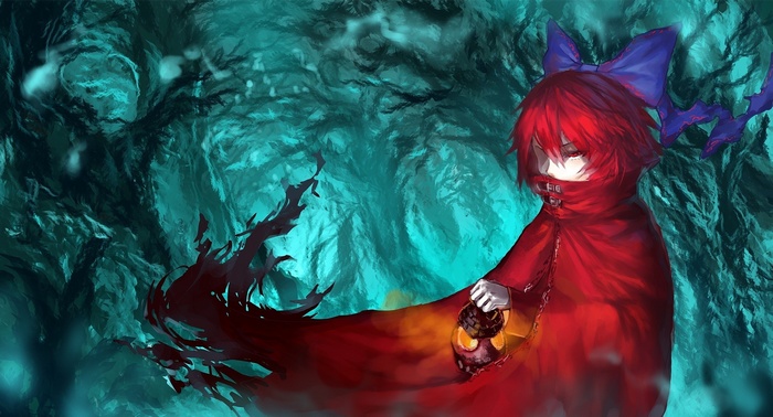 Redhead girl with blue hair bow holding a lantern