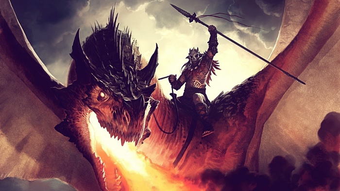 Dragon rider breathing fire in a fantasy battle