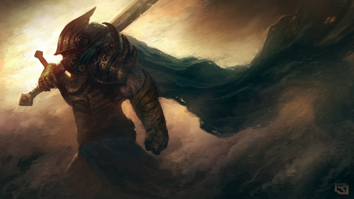 Fantasy knight in armor with a large sword